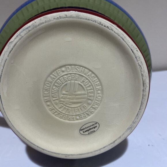 Longaberger Hand Painted Striped Pitcher Bright Multi Color Stripe Large 2 Quart - Picture 10 of 13